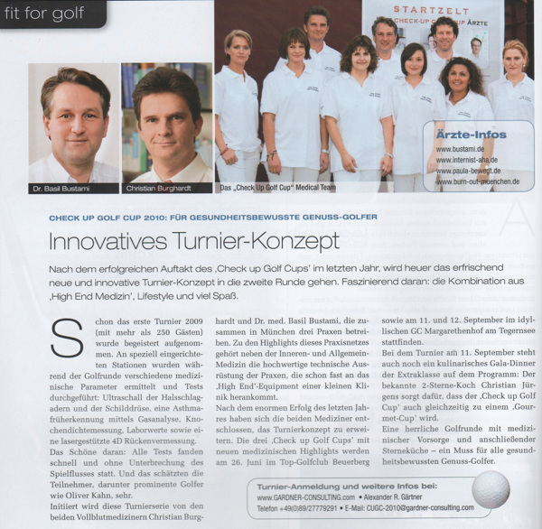Innovatives Turnier-Konzept. Auszug aus einem Artikel der Zeitschrift "fit for golf" - Juni 2010  CHECK UP GOLF CUP 2010